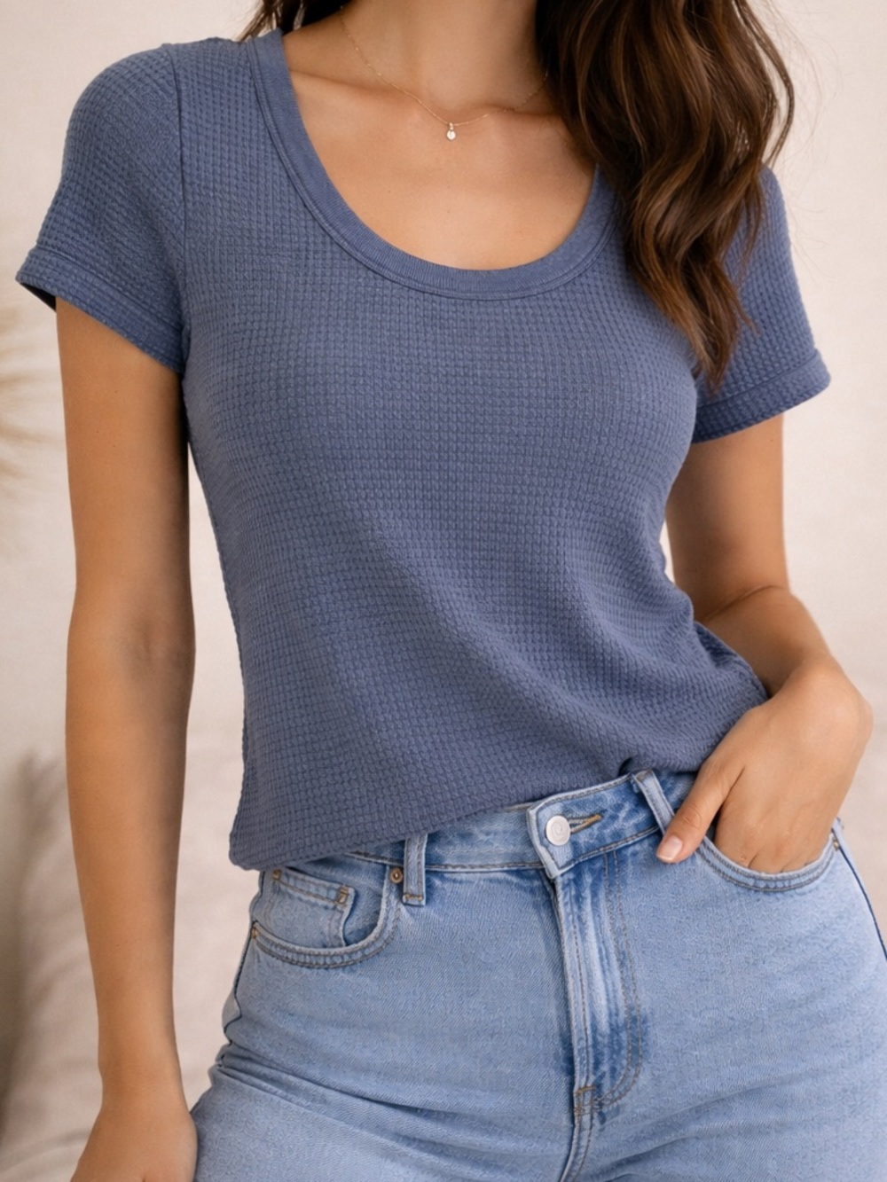 Gypsy & Jade Waffle Knit Top Blue Scoop Neck Relaxed Fit Women’s Small